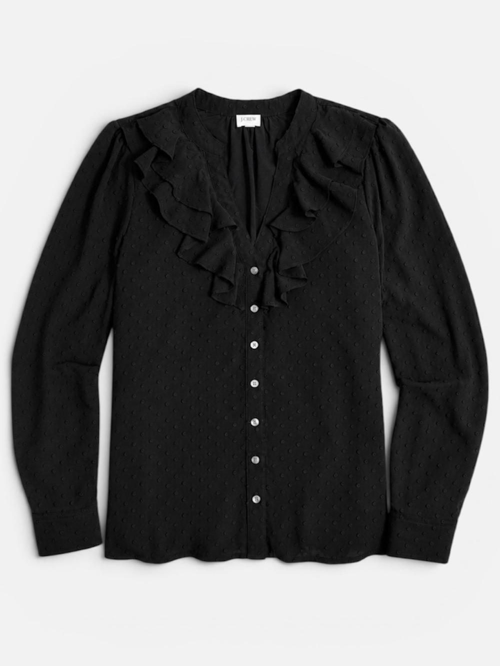 J. Crew Clip-Dot Ruffled Button Blouse in Black size medium